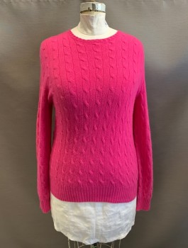 Womens, Pullover, POLO RL, Hot Pink, Cashmere, Cable Knit, L, CN, L/S