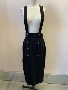 SAKS FIFTH AVENUE, Black, Wool, Acetate, Pencil Skirt With Attached Fabric Suspenders, "Double Breasted" Gold Buttons at Front, Zip Back, Hem Below Knee, Jumper