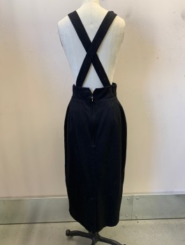 Womens, Skirt, SAKS FIFTH AVENUE, Black, Wool, Acetate, W28, 8, H36, Pencil Skirt With Attached Fabric Suspenders, "Double Breasted" Gold Buttons at Front, Zip Back, Hem Below Knee, Jumper