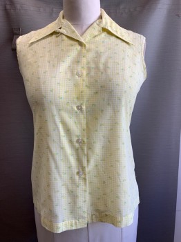 MISS K, Yellow, White, Green, Peach Orange, Polyester, Cotton, Gingham, Floral, Sleeveless, Button Front, C.A.,