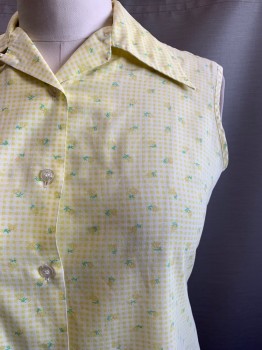 Womens, Shirt, MISS K, Yellow, White, Green, Peach Orange, Polyester, Cotton, Gingham, Floral, B38, Sleeveless, Button Front, C.A.,