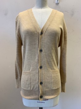 Club Monaco, Khaki Brown, Wool, Heathered, L/S, Button Front, V Neck, Top Pockets