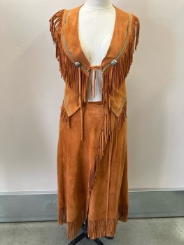 Womens, 1970s Vintage, Piece 1, CHAR & SHAR, Orange, Leather, Solid, W: 27, B: 36, Western Suede Vest, Front Tie, Turquoise Piping, Fringe Trim