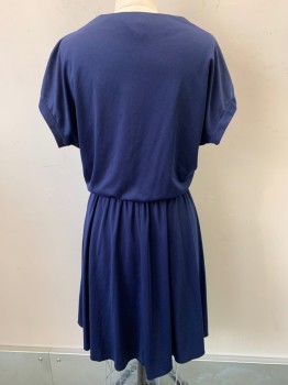 Tallgirl, Navy Blue, Polyester, Solid, S/S, V Neck, Crossover, Elastic Waist Band, Pleated