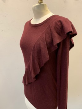 Womens, Pullover, AUTUMN CASHMERE, Plum Purple, Cashmere, Solid, XS, Knit, Long Sleeves, Diagonal Ruffle From Shoulder to Hem, Scoop Neck
