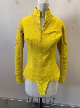 NL, Yellow, Cotton, Polyester, Textured Fabric, Mandarin Collar, White Piping, Zip Back, L/S
