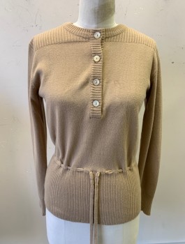 Womens, Sweater, KMART, Beige, Acrylic, Solid, B:34, M, Knit, Pullover, L/S, Round Neck, 4 Button Placket, Self Drawstring At Waist, Rib Knit At Shoulders And Waist