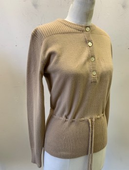 KMART, Beige, Acrylic, Solid, Knit, Pullover, L/S, Round Neck, 4 Button Placket, Self Drawstring At Waist, Rib Knit At Shoulders And Waist