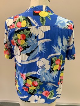 Mens, Hawaiian Shirt, FACTISE, Sky Blue, Yellow, Dusty Red, Green, Off White, Viscose, Hawaiian Print, XL, C.A., Button Front, S/S, 1 Pocket, Stain By Placket