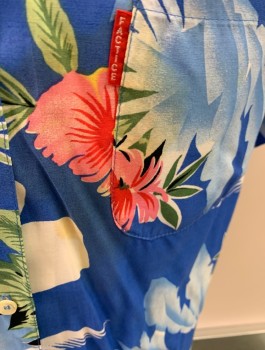 Mens, Hawaiian Shirt, FACTISE, Sky Blue, Yellow, Dusty Red, Green, Off White, Viscose, Hawaiian Print, XL, C.A., Button Front, S/S, 1 Pocket, Stain By Placket