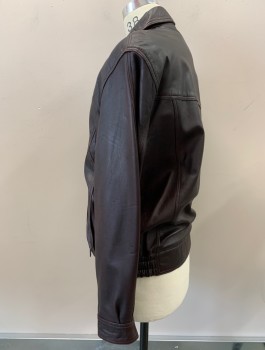 Mens, Leather Jacket, N/L, Dk Red, Leather, Solid, C:38, M, Very Dark Maroon, Zip Front, C.A., Snaps At Collar And Waist, 2 Zip Pckt, 2 Pckt On Seam, Elastic Side Waist, Back Yoke, Snap Cuffs, Little Bit Of Wear