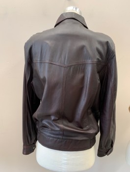 Mens, Leather Jacket, N/L, Dk Red, Leather, Solid, C:38, M, Very Dark Maroon, Zip Front, C.A., Snaps At Collar And Waist, 2 Zip Pckt, 2 Pckt On Seam, Elastic Side Waist, Back Yoke, Snap Cuffs, Little Bit Of Wear