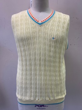 RUSSELL SIMMONS, Lt Yellow, Lt Blue, Coral Pink, Cotton, Solid, V Neck, Lt Blue Trim, Diamond Detail On Neckline