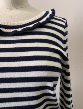 Womens, Pullover, BODEN, Navy Blue, White, Wool, Cotton, Stripes, 4, Round Neck, Ruffle Trim at Neck and Cuffs,