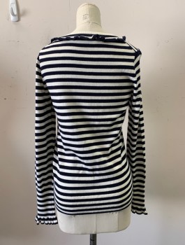 Womens, Pullover, BODEN, Navy Blue, White, Wool, Cotton, Stripes, 4, Round Neck, Ruffle Trim at Neck and Cuffs,