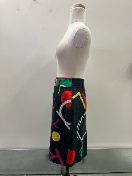 LAUREL, Black with Multicolorred Floating Geometric Shapes, Faille Textured, Straight, Wide Waistband, Belt Loops, Back Zip, Below Knee, Back Slit