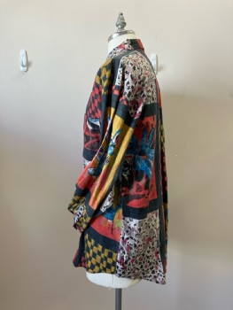 GOOCH, Red/Black/Turquoise/Gray/Yellow Patchwork Floral Print Linen, C.A., B.F., L/S, 1 Pckt,