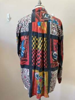 GOOCH, Red/Black/Turquoise/Gray/Yellow Patchwork Floral Print Linen, C.A., B.F., L/S, 1 Pckt,
