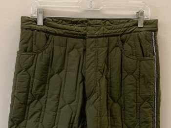 Womens, Sci-Fi/Fantasy Pants, NO LABEL, Olive Green, Polyester, Solid, 30/28, F.F, Quilted, Top & Back Pockets, Side Zipper Detail, Zip Front