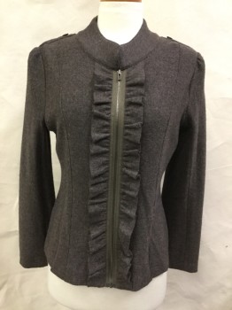 Womens, Cardigan Sweater, CLASSIQUES ENTIER, Brown, Wool, Solid, Heathered, M, Soft Structured Jacket, Zip Front with Ruffles Center Front, , Long Sleeves with Button Cuffs,