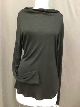 Womens, Shirt, NICOLE MILLER, Black, Wool, Silk, Solid, 10, Jersey, Pull Over, Zip Back Neck, Draped Boat Neck, Long Sleeves, Dropped Shoulder