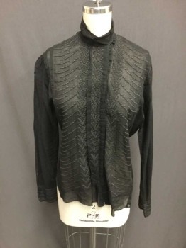 M.T.O., Black, Cotton, Solid, Long Sleeves, Button Front, Black Abstract Embroidered Front, Band Collar with Hook & Eyes Center Back, Pintucked Cuffs, Gatheres At Sleeve Shoulder, Pintucks In Back, Back Waist Twill Tie,
