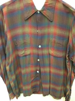 Mens, Casual Shirt, N/L, Red, Brown, Red Burgundy, Dk Gray, Wool, Plaid, 15, M, 32/33, Long Sleeves, Button Front, Collar Attached,  2 Pockets,