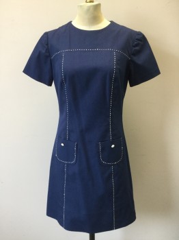 KORET OF CALIFORNIA, Navy Blue, Cotton, Solid, S/S, White Top Stitch at Yoke/Down Princess Seams/around Pockets, 2 Patch Pockets with White Decorative Buttons, Zip Back, Hem Above Knee,