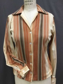 Womens, Blouse, KORET OF CALIFORNIA, Cream, Dk Brown, Red, Amber Yellow, Lt Brown, Polyester, Stripes - Vertical , B:34, Cream W/dark Brown, Red, Amber, Light Brown Vertical Stripes, Collar Attached, Button Front, 3/4 Sleeves, See Photo Attached,