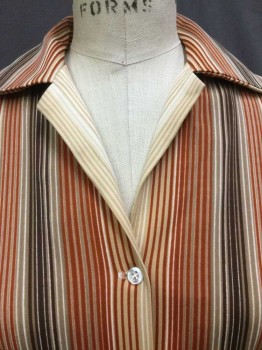 KORET OF CALIFORNIA, Cream, Dk Brown, Red, Amber Yellow, Lt Brown, Polyester, Stripes - Vertical , Cream W/dark Brown, Red, Amber, Light Brown Vertical Stripes, Collar Attached, Button Front, 3/4 Sleeves, See Photo Attached,