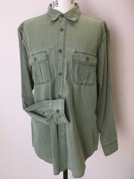 OUTDOOR, Olive Green, Cotton, Solid, Long Sleeves, Collar Attached, Button Front, 2 Pockets with Button Down Flaps