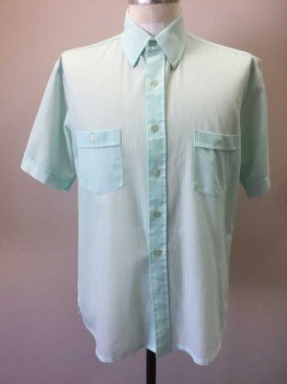 IDLETIME, Mint Green, Polyester, Solid, Short Sleeves, Collar Attached, 2 Patch Pockets Button Downed. Sheer Self Stripped Polyester
