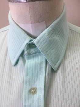 Mens, Casual Shirt, IDLETIME, Mint Green, Polyester, Solid, L, Short Sleeves, Collar Attached, 2 Patch Pockets Button Downed. Sheer Self Stripped Polyester