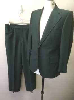 Mens, 1970s Vintage, Suit, Jacket, VARSITY TOWN, Forest Green, Polyester, Solid, 40, Self Grid Texture, Single Breasted, Very Wide Notched Lapel, 2 Buttons,  2 Rows of Top Stitching on Lapel and Pockets,
