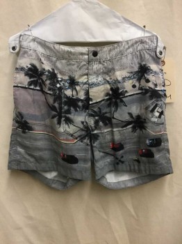 Mens, Swim Trunks, H&M, Gray, Black, White, Multi-color, Synthetic, Graphic, S, Gray/black/white/red/ Yellow/ Blue Ocean/street/car Graphic