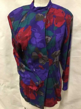 Womens, Blouse, N/L, Purple, Red, Teal Green, Brown, Rayon, Floral, B34, 12, L/S, Band Collar With 2 Buttons, Quilted Shoulders