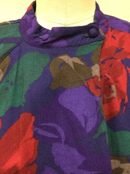 Womens, Blouse, N/L, Purple, Red, Teal Green, Brown, Rayon, Floral, B34, 12, L/S, Band Collar With 2 Buttons, Quilted Shoulders