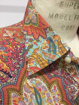 Robert Graham, Orange, Teal Blue, Black, Gold, Cotton, Paisley/Swirls, Long Sleeves, Button Front, Collar Attached,