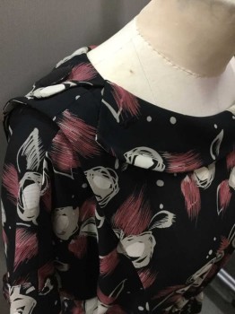 SUN ROSE, Black, Mauve Pink, Tan Brown, Polyester, Rayon, Floral, Abstract , Cuffed Short Sleeves, Off The Shoulders Cowl-Neck, Elastic Waist, Hem At Knee, Pockets, Buttons Down Back, Big Black Buttons On Collar