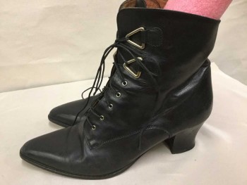 NORDSTROM, Black, Leather, Solid, 2.5" Heel, High Ankle, Lace Up with Gold Triangle Hardware, Pointy, Turn Of The Century