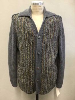 Mens, Sweater, Freedom Wear, Gray, Multi-color, Wool, Heathered, Solid, Large, Long Sleeves, Button Front, Multicolor Wool Body, Gray Sleeves/Neck/Placket, Pale Orange Lining, Back Gray Belt Detail, Cardigan