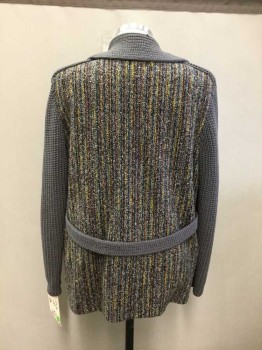 Freedom Wear, Gray, Multi-color, Wool, Heathered, Solid, Long Sleeves, Button Front, Multicolor Wool Body, Gray Sleeves/Neck/Placket, Pale Orange Lining, Back Gray Belt Detail, Cardigan