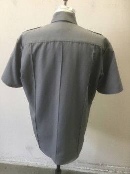 LAW PRO, Gray, Polyester, Solid, Button Front, Collar Attached, Short Sleeves, Epaulets, 2 Pleat Flap Pocket, Stitched Creases.