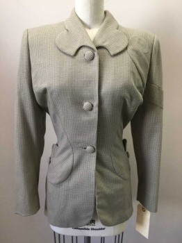Womens, 1940s Vintage, Suit, Jacket, WALTER, Taupe, Tan Brown, Lt Yellow, Wool, Check , 24W, 32B, Single Breasted, 3 Buttons,  Fanciful Collar Front and Back Yoke and Pockets