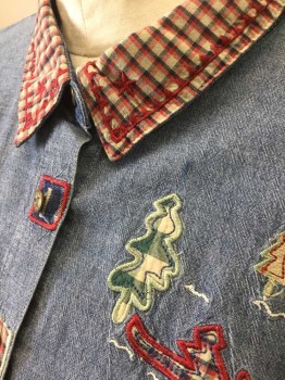TEDDI, Denim Blue, Red, Cream, Navy Blue, Green, Cotton, Novelty Pattern, Chambray with Plaid/Checked Collar Attached, Long Sleeve Button Front, Pine Trees, Stars, Etc Appliqués Out of Plaid Fabric, Padded Shoulders, 0, Christmas, Winter Time Theme