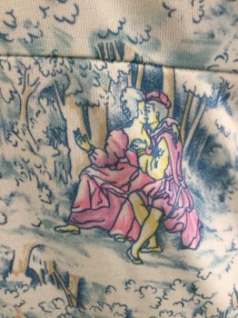 N/L, Lt Blue, Blue, Pink, Gold, Khaki Brown, Polyester, Human Figure, Man & Woman Kissing Under the Trees Graphic, Haulter, Back Zip, Knee Length Skirt