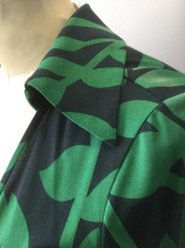 Womens, Dress, Long & 3/4 Sleeve, DVF, Green, Black, Silk, Floral, 2, Green and Black Abstract Leaf and Branches Pattern Silk Jersey, Long Sleeves, Wrap Dress, Collar Attached, Self Belt Ties Attached at Waist, Hem Above Knee