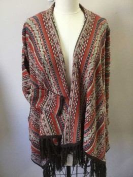 ELON, Burnt Orange, Dk Brown, Navy Blue, Taupe, Acrylic, Novelty Pattern, Stripes, 2 Pockets, Wrong Side of Knit is What is Seen, Long Sleeves, No Closures, Brown Fringe Tassles