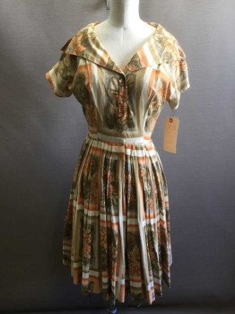 N/L, Rust Orange, Brown, Tan Brown, Cotton, Floral, Grid , Shirt Waist, Exaggerated Notch Collar, Short Sleeves, Pleated Skirt, Belt Loops,