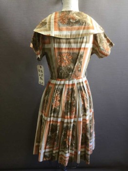 N/L, Rust Orange, Brown, Tan Brown, Cotton, Floral, Grid , Shirt Waist, Exaggerated Notch Collar, Short Sleeves, Pleated Skirt, Belt Loops,